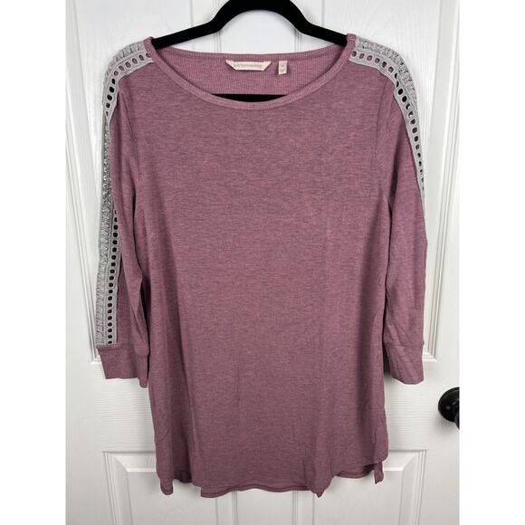 Soft Surroundings Womens Cassidie Tee Sz Medium Pink Crochet 3/4 Sleeve Rayon - Picture 4 of 5